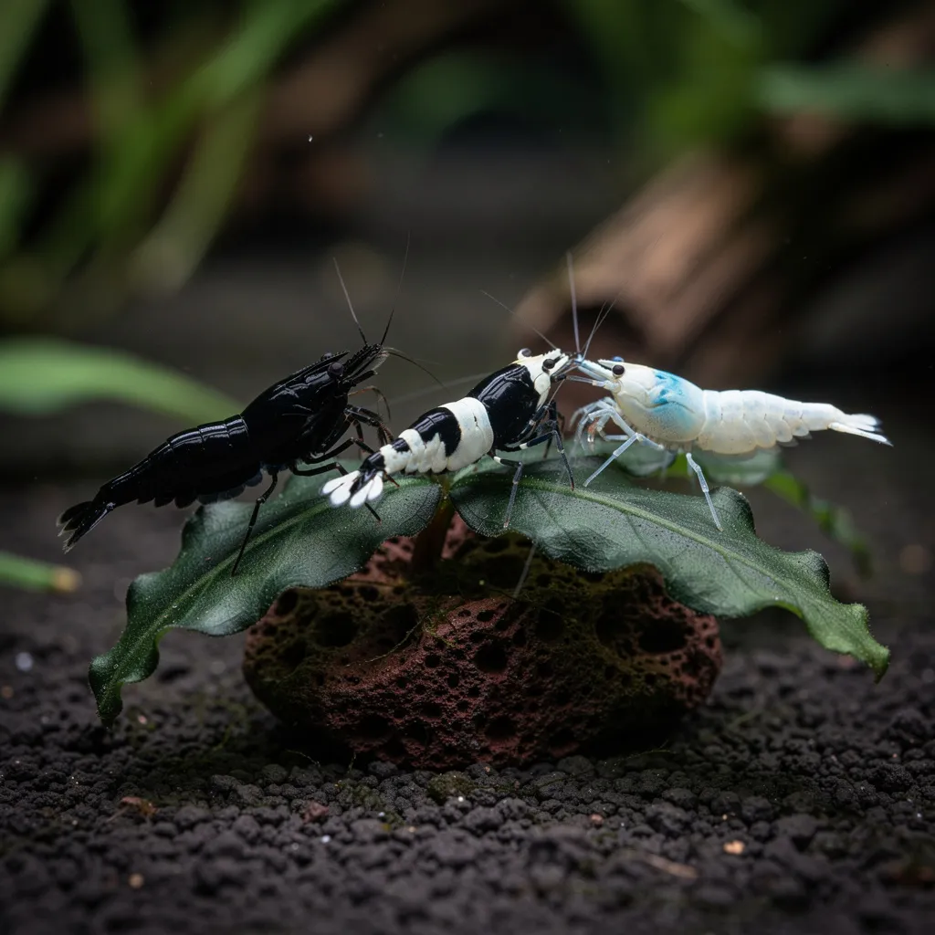 Drei Taiwan Bee Varianten — King Kong, Panda und Blue Bolt — gemeinsam auf Bucephalandra