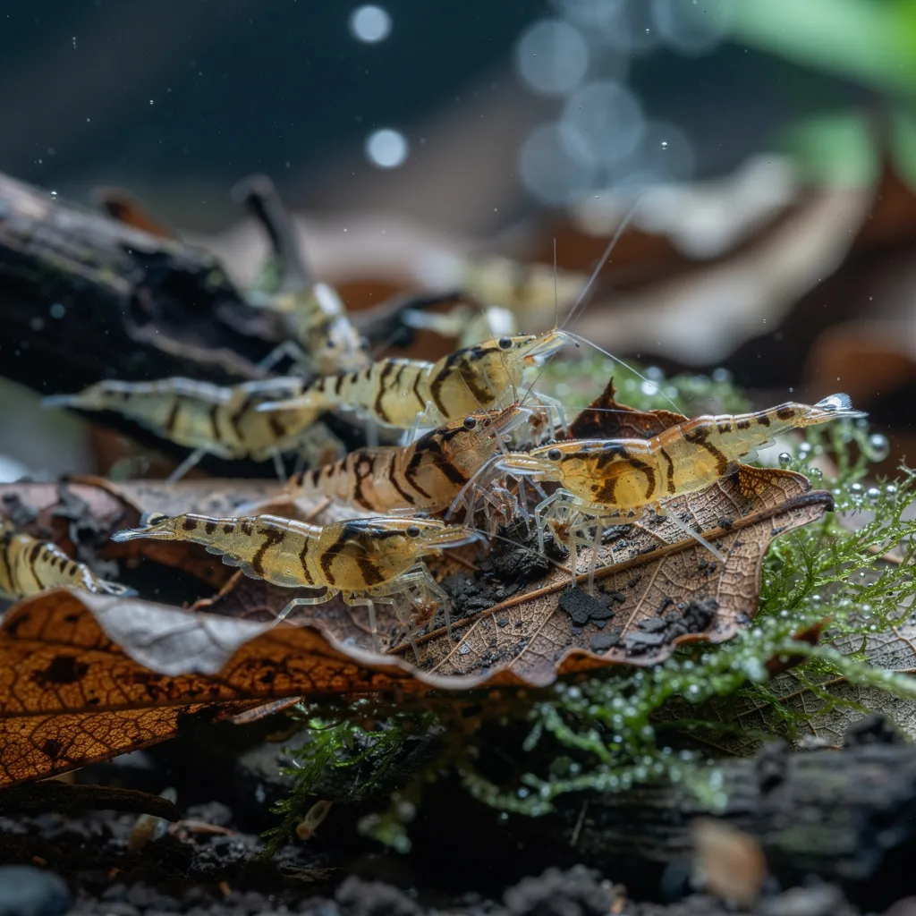 Gruppe Tigergarnelen mit typischem Streifenmuster beim Grasen auf Laub im Aquarium