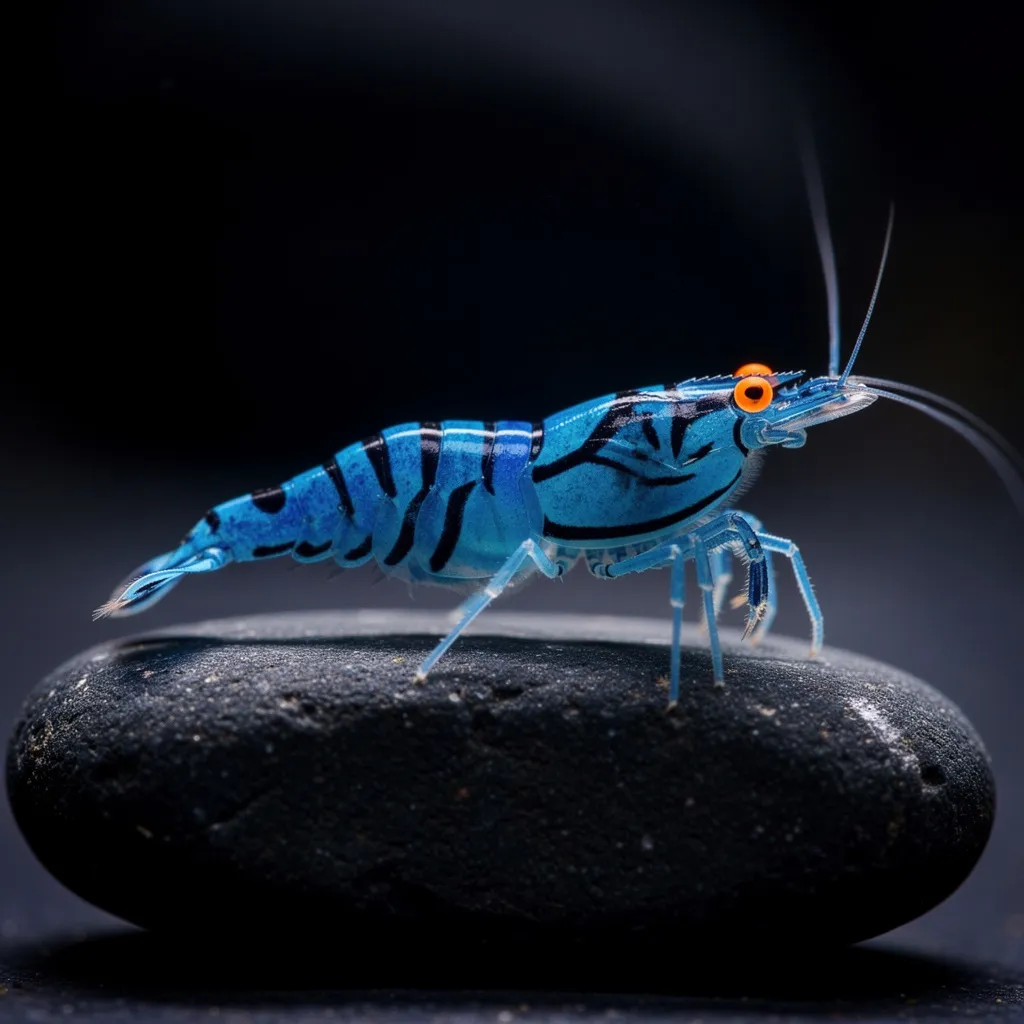 Blaue Tigergarnele mit orangenen Augen — kornblumenblaue Körperfarbe und schwarze Streifen