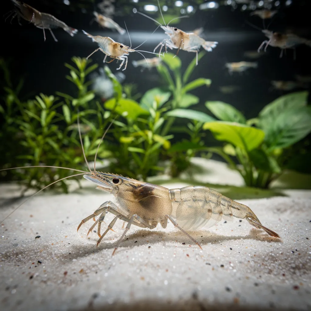 Garnele mit Nitritvergiftung liegt seitlich auf dem Boden, weitere Garnelen schwimmen hektisch umher