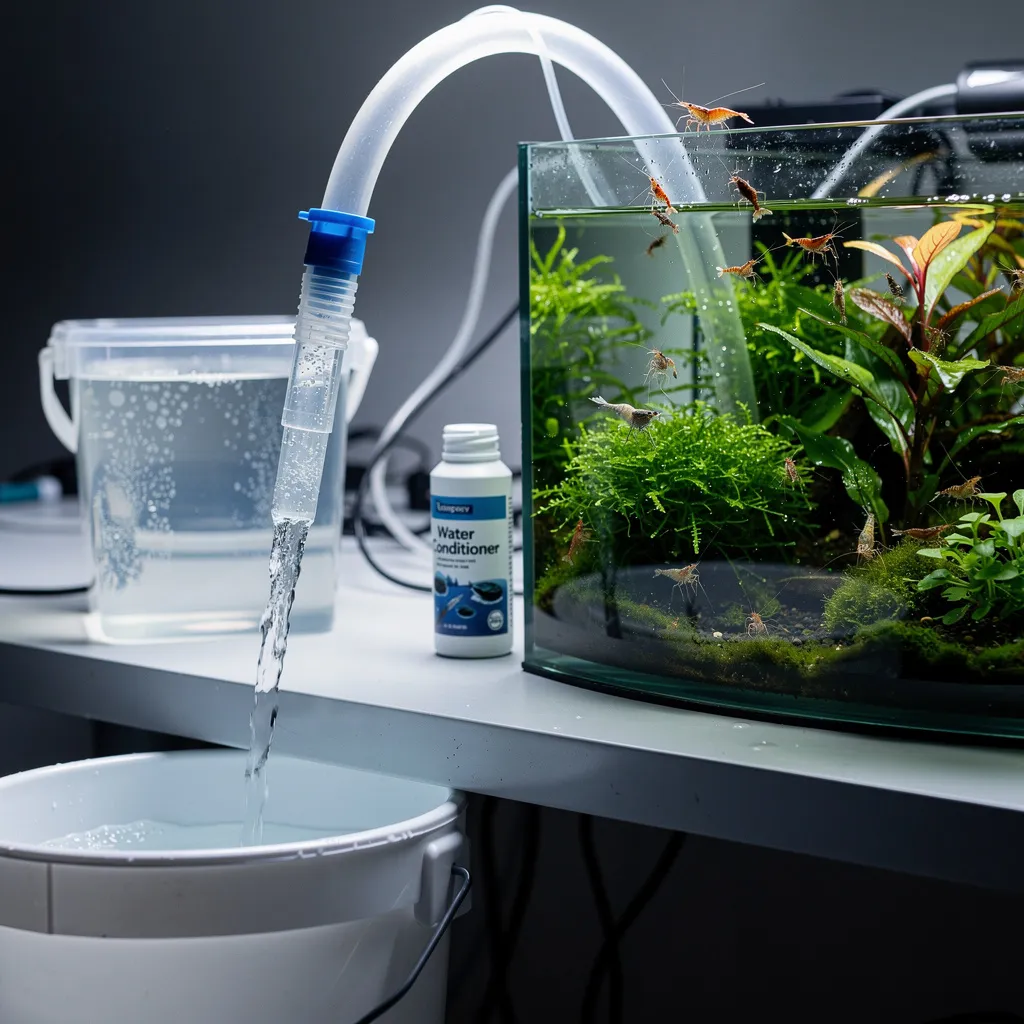 Notfall-Wasserwechsel im Garnelenaquarium mit Mulmglocke, Wasseraufbereiter und temperiertem Frischwasser