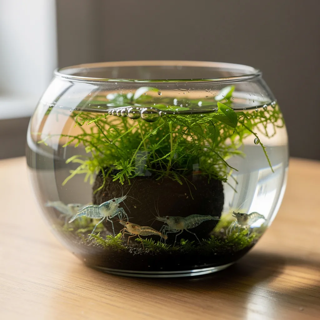 Minimalistisches Wabi-Kusa-Becken mit Moosen und Garnelen auf einer Holzoberfläche in natürlichem Licht