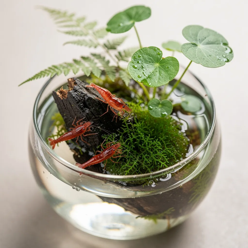 Draufsicht auf ein Wabi-Kusa-Glasgefäß mit Red-Cherry-Garnelen auf Moos und emersen Farnen