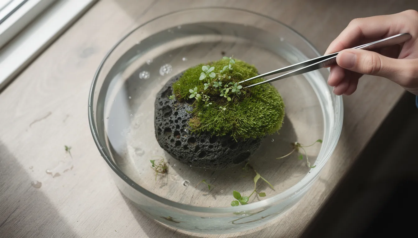 Wabi-Kusa-Aufbau: Mooskugel auf Lavagestein wird mit emersen Pflanzen bepflanzt