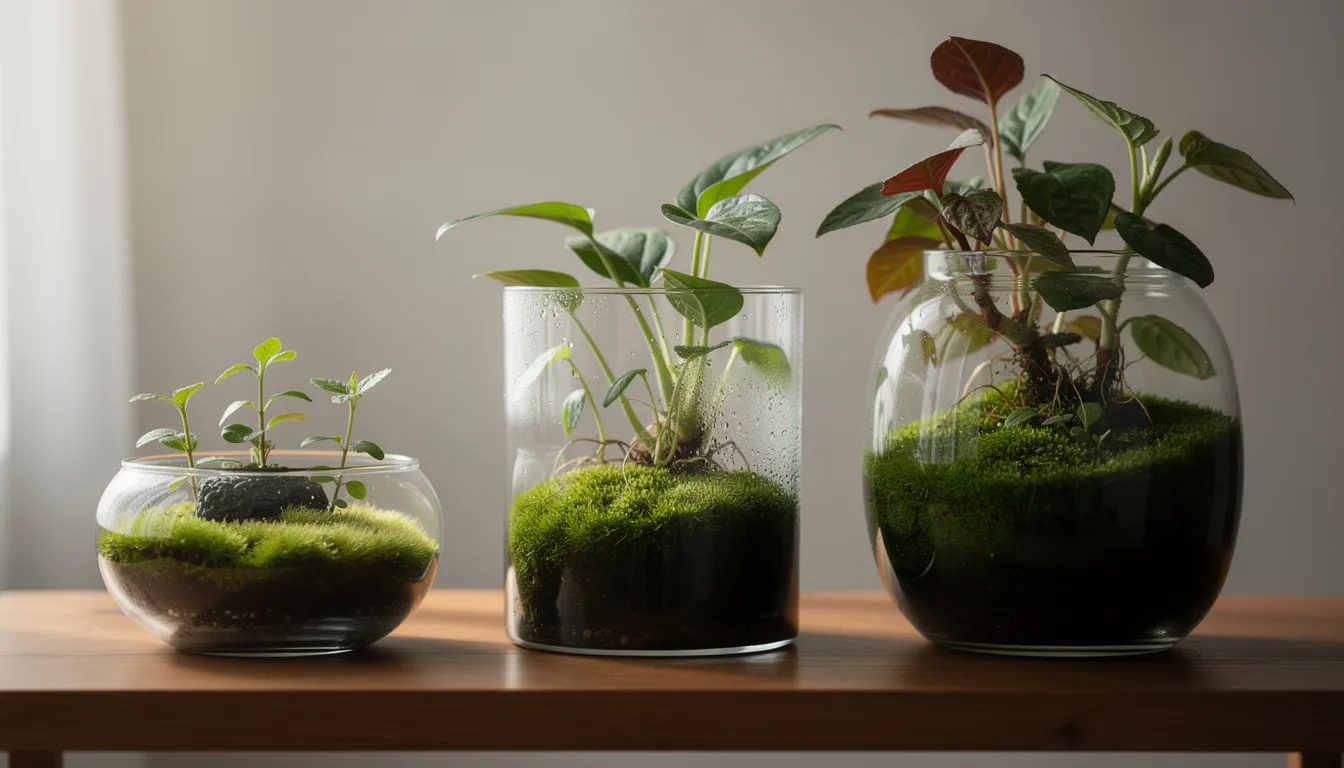 Drei Wabi-Kusa-Arrangements in verschiedenen Wachstumsstadien auf einem Holzregal