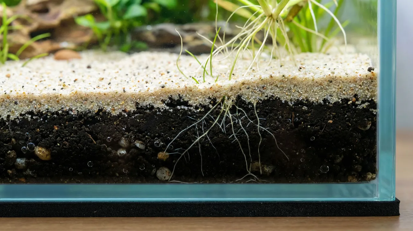 Walstad-Substrat im Querschnitt: Erdschicht unten, Sanddeckschicht oben