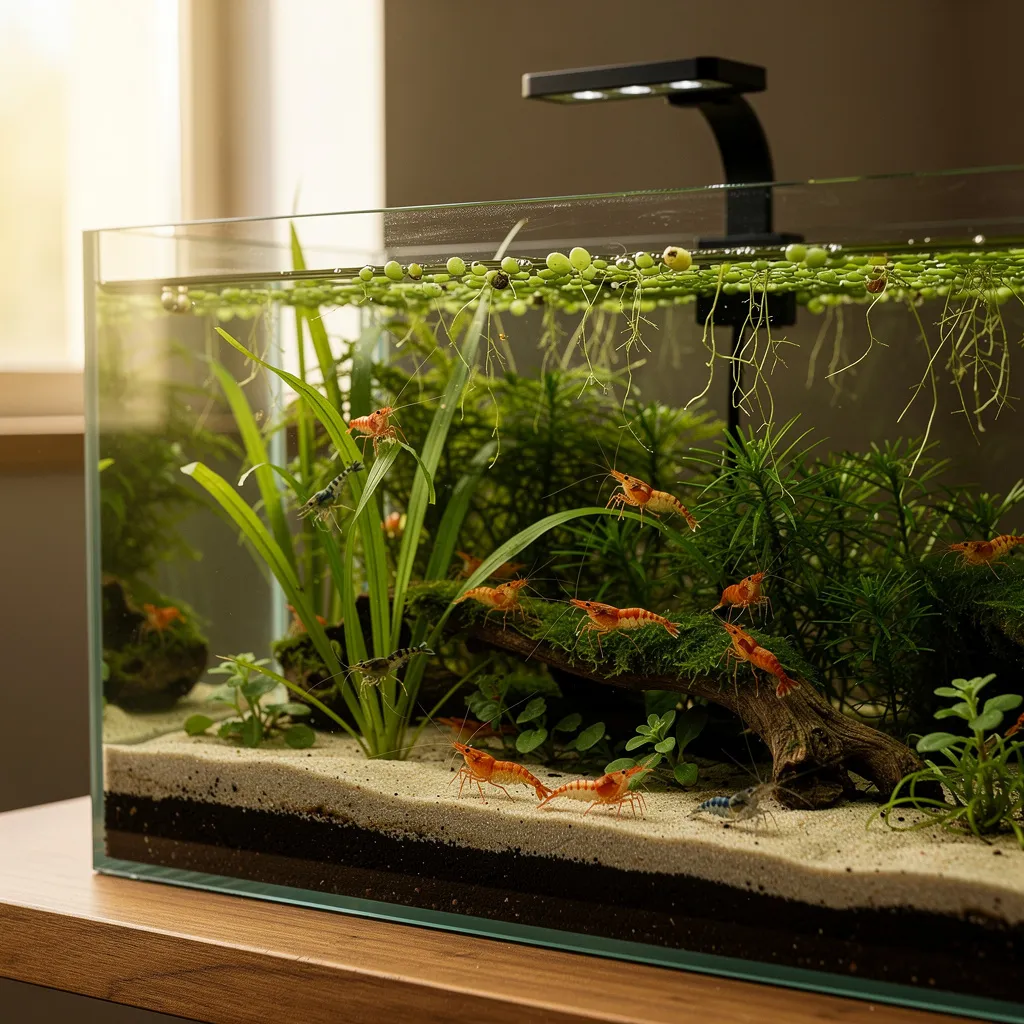 Walstad-Garnelenbecken mit sichtbaren Substratschichten, dichter Bepflanzung und Clip-LED ohne Filter