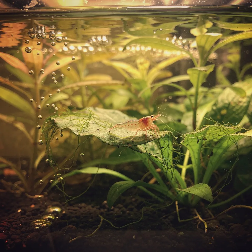 Walstad-Becken mit typischen Herausforderungen: leicht getöntes Wasser, Fadenalgen und Gasblasen