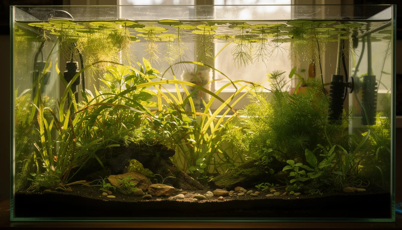 Ueppig bewachsenes Walstad-Becken mit Vallisnerien, Hornkraut und Schwimmpflanzen