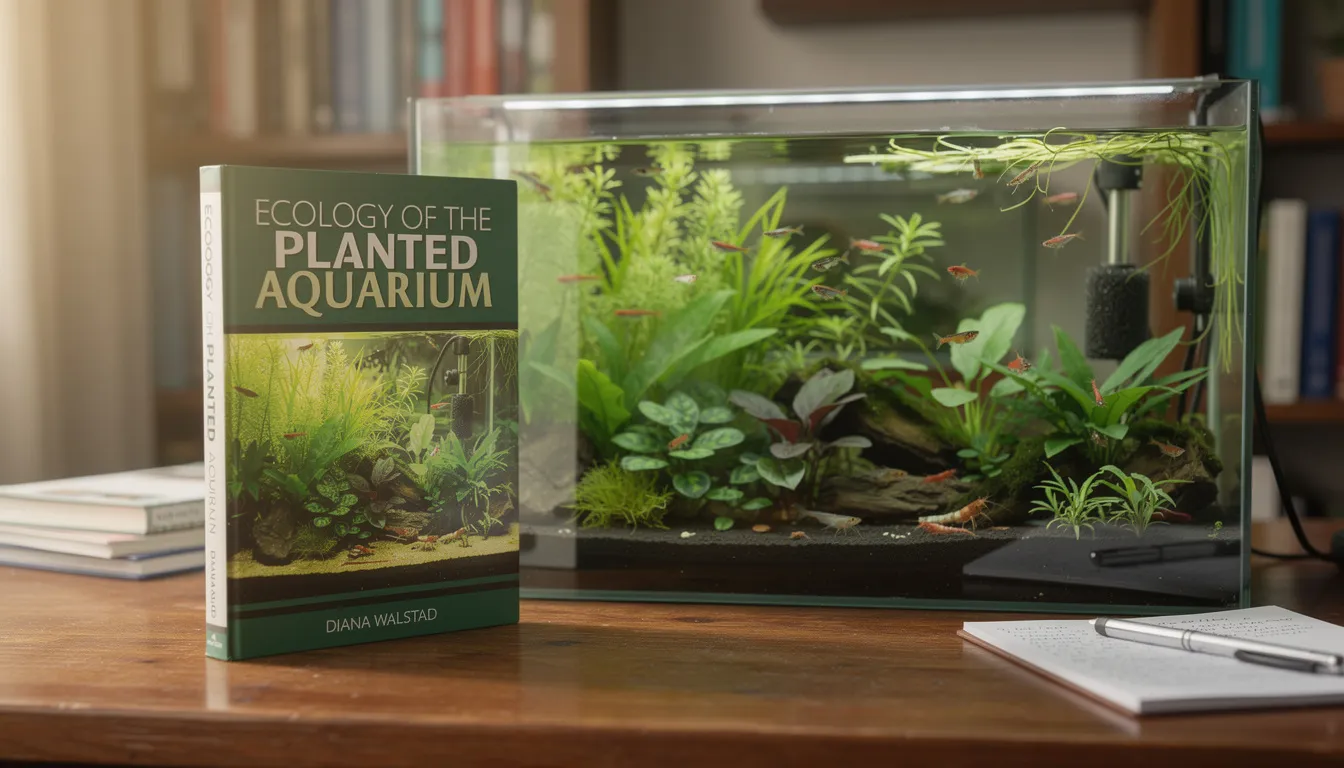 Walstad-Methode: Buch neben einem fertigen naturnahen Low-Tech-Garnelenbecken