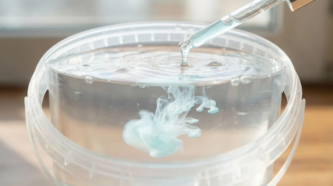 Wasseraufbereiter wird in einen Eimer mit Leitungswasser getropft