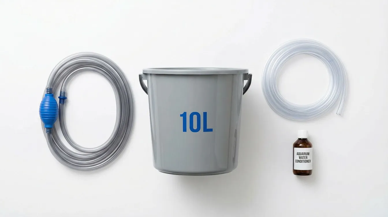 Zubehör für den Wasserwechsel: Mulmsauger, Eimer, Schlauch und Aufbereiter