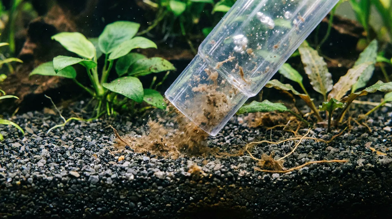 Mulmsauger beim Absaugen von Ablagerungen aus dem Aquariumboden