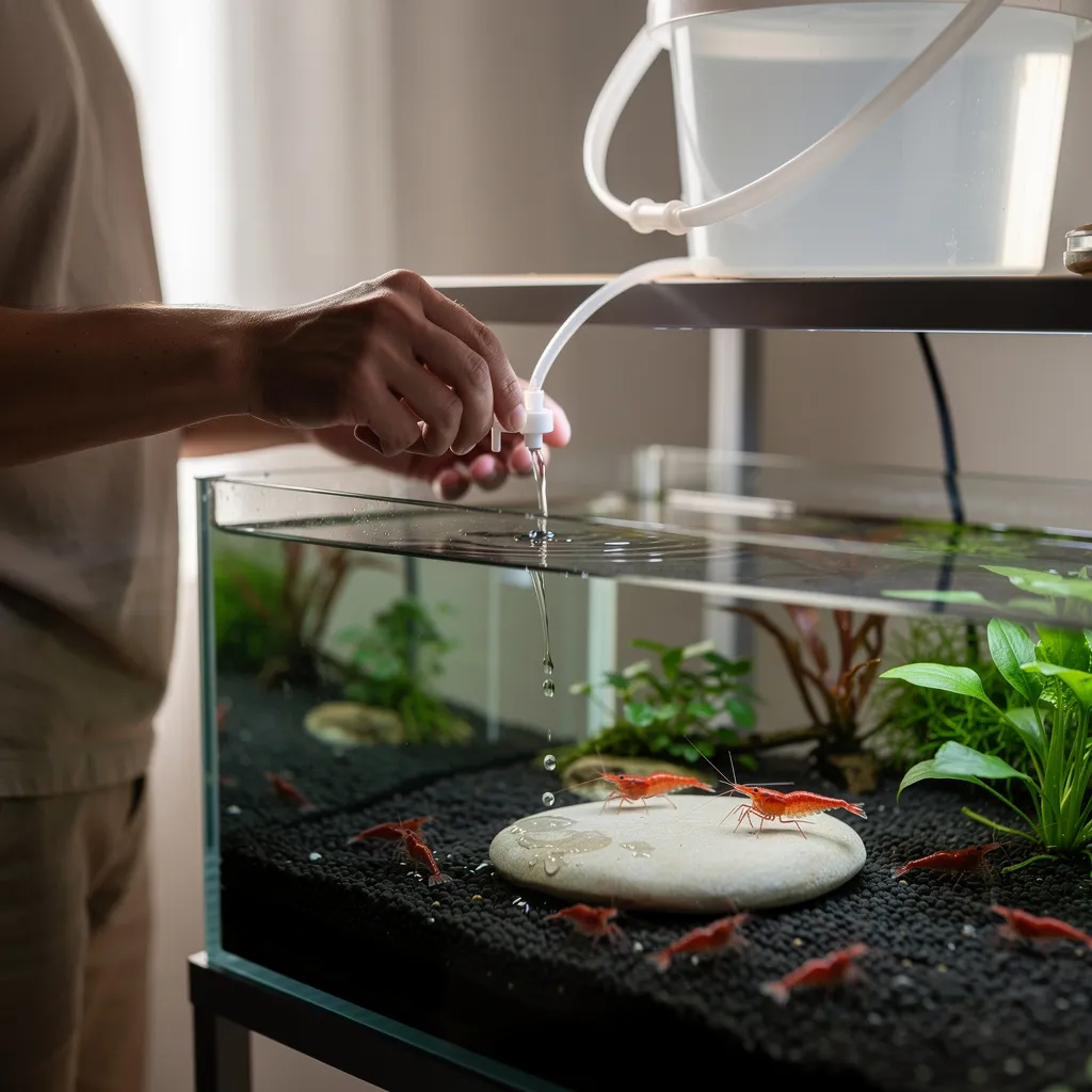 Frischwasser wird per Tropfmethode langsam ins Garnelenbecken eingefüllt