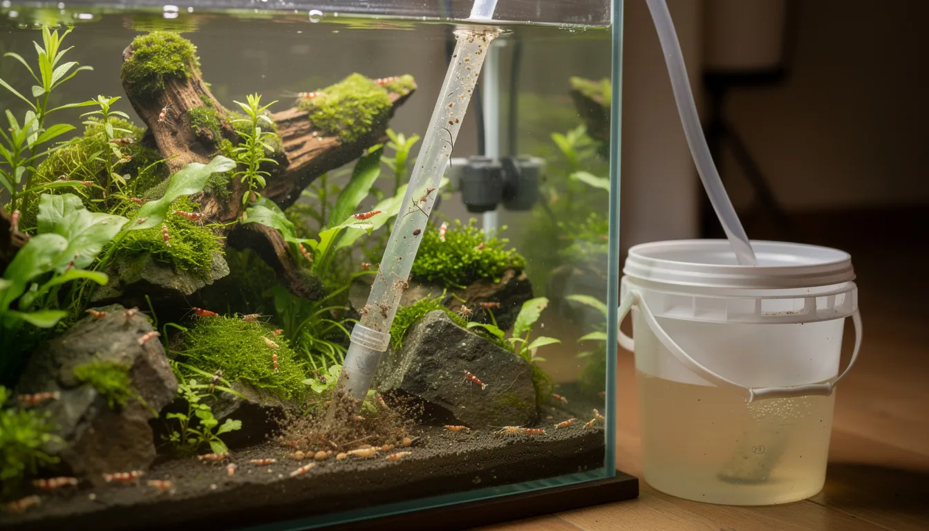 Wasserwechsel im Garnelenbecken mit Mulmsauger und Eimer