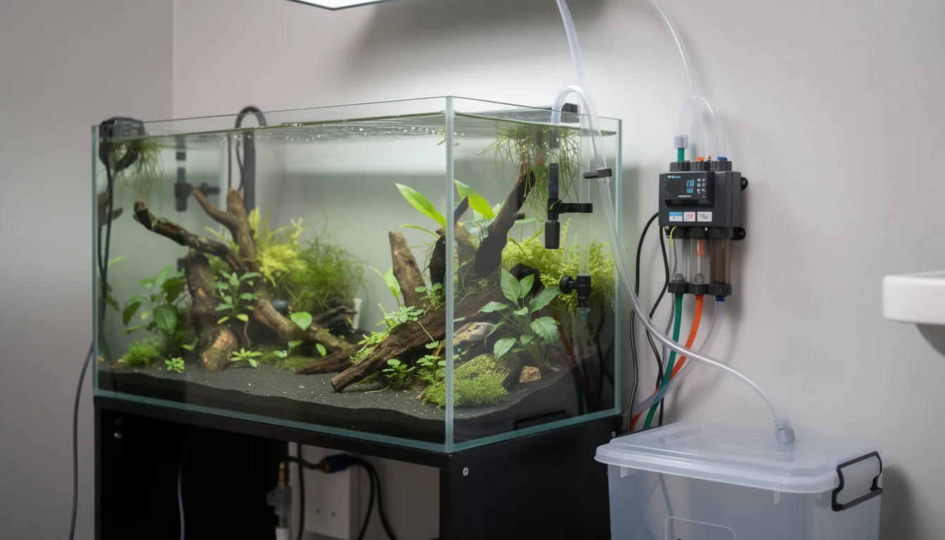 Automatisches Wasserwechsel-System mit Schläuchen und Dosierpumpe am Aquarium