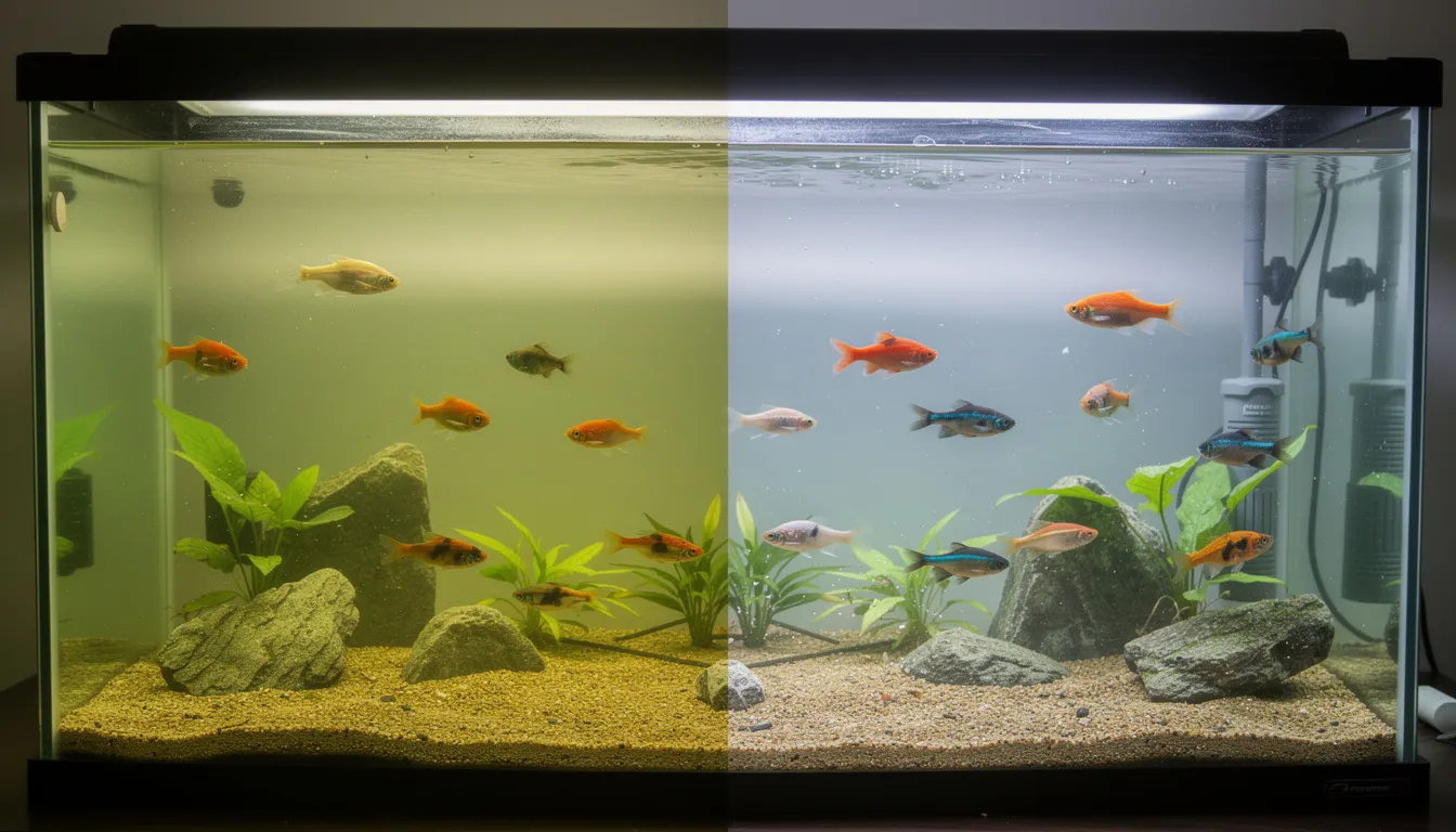 Vorher-Nachher-Vergleich: trubes Wasser links, kristallklares Wasser nach Wasserwechsel rechts