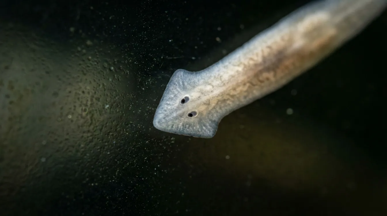 Planarie in Nahaufnahme mit typisch dreieckigem Kopf und Augenflecken