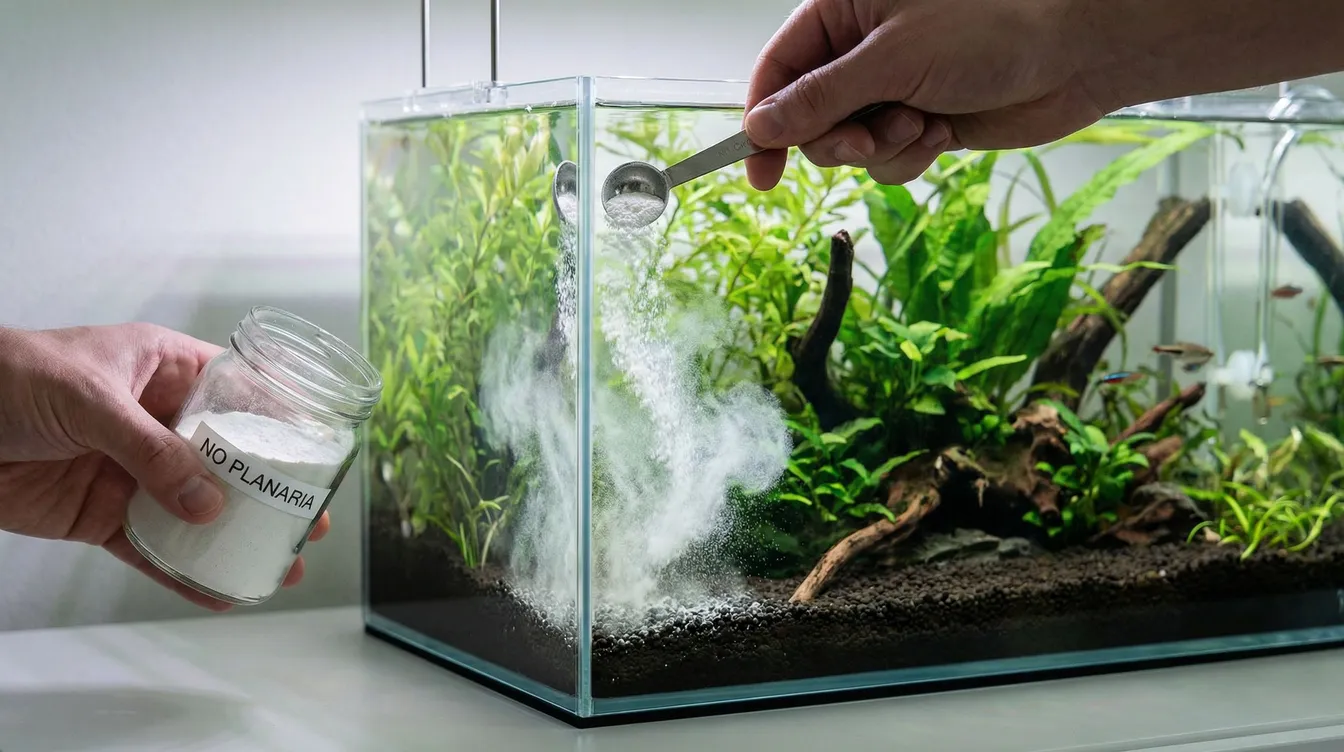 No-Planaria-Pulver wird vorsichtig ins Aquarium dosiert