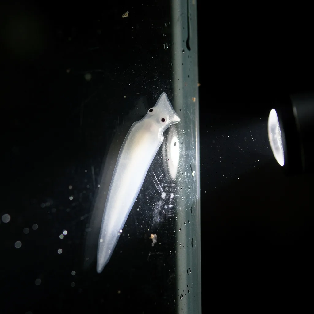 Planarie mit dreieckigem Kopf und Augenflecken an der Aquarienscheibe bei Nacht