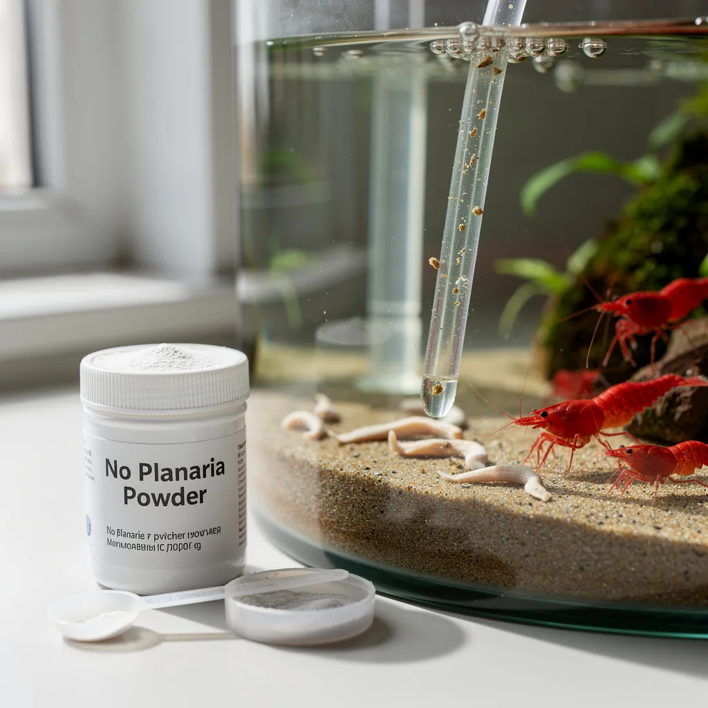 No Planaria Behandlung: Tote Planarien werden aus dem Garnelenbecken abgesaugt