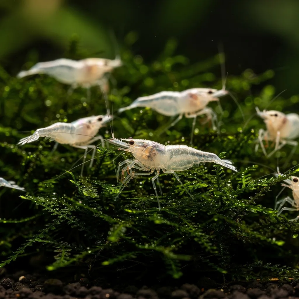 White Pearl Garnelen mit perlmuttartigem Schimmer beim Durchstreifen von dunklem Moos