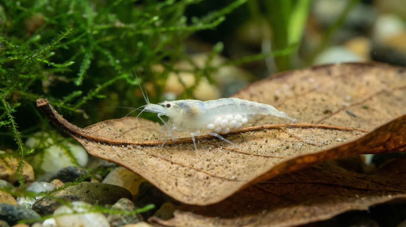 White Pearl Weibchen mit strahlend weißem Eipaket — die namensgebenden weißen Perlen