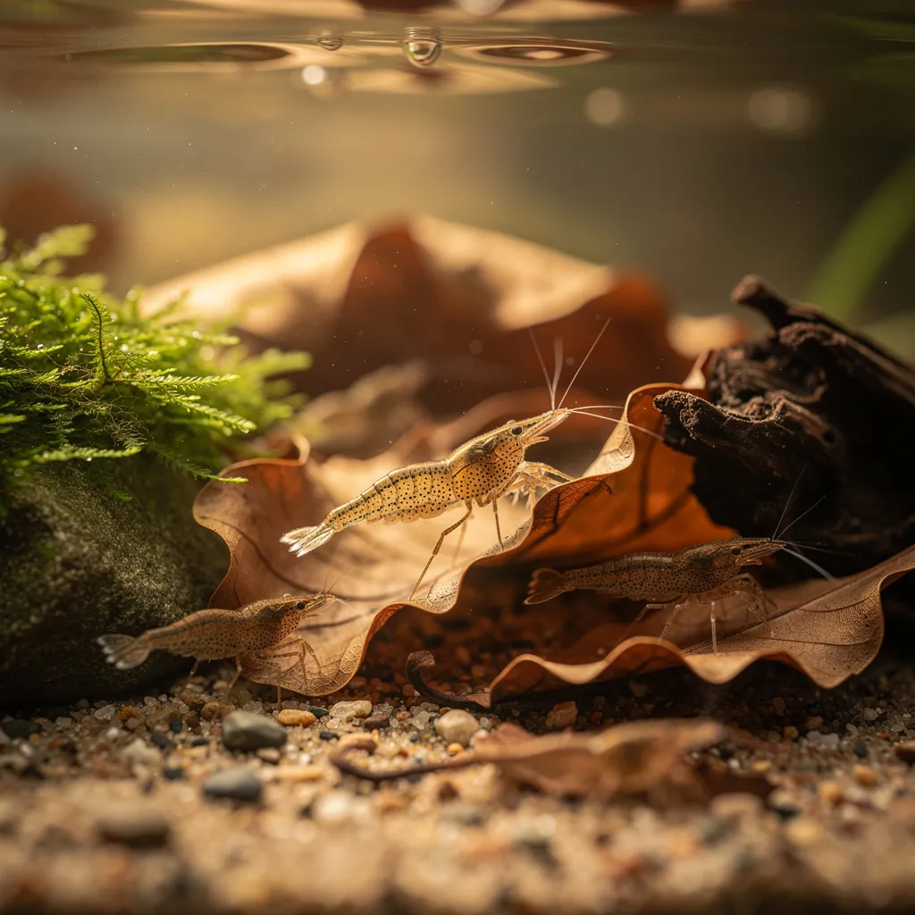 Wildform-Neocaridina beim Grasen zwischen Herbstlaub im naturnahen Biotop-Aquarium
