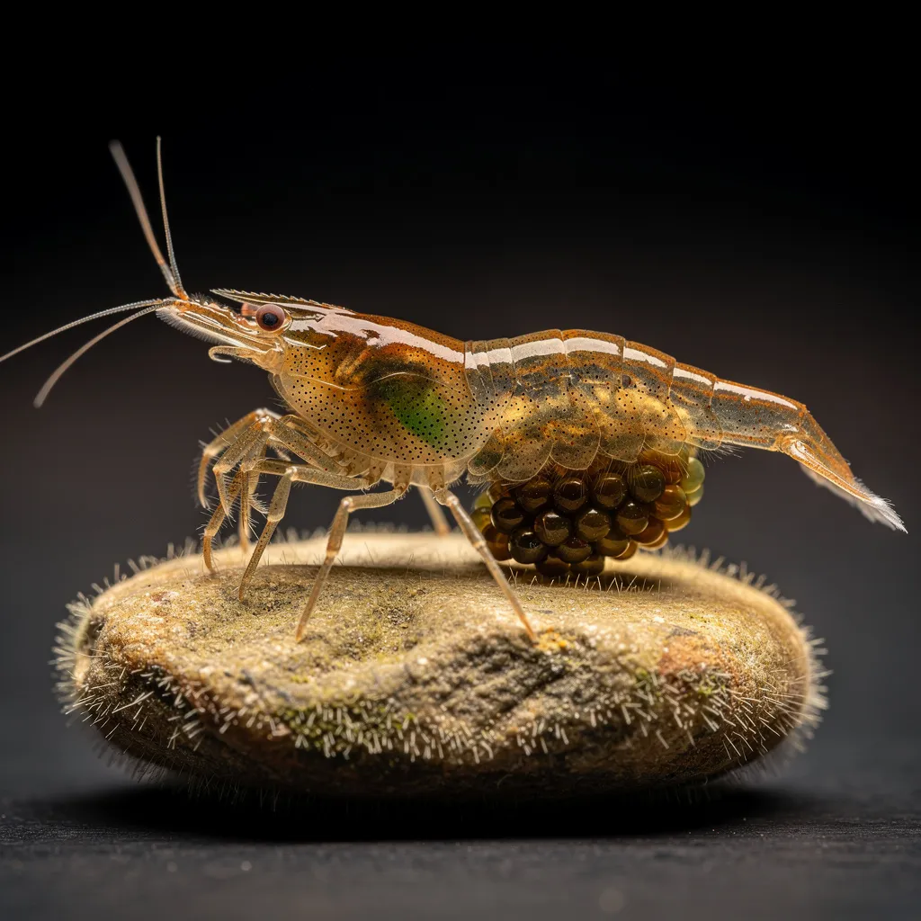 Wildform-Neocaridina Weibchen mit Eiern — natürliche braun-transparente Färbung mit Rückenstrich