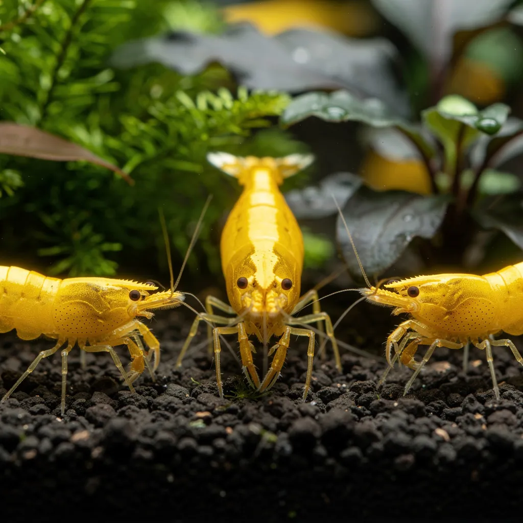 Yellow Fire Neon Garnelen mit leuchtendem goldenen Rückenstreifen im bepflanzten Aquarium