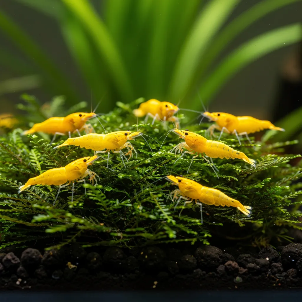 Gruppe Yellow Fire Garnelen beim gemeinsamen Grasen auf Javamoos im Aquarium