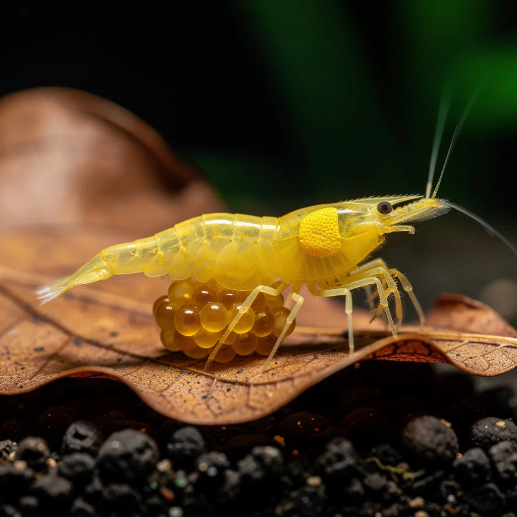 Yellow Fire Weibchen mit gelbem Eifleck und sichtbarem Eipaket auf einem Herbstblatt