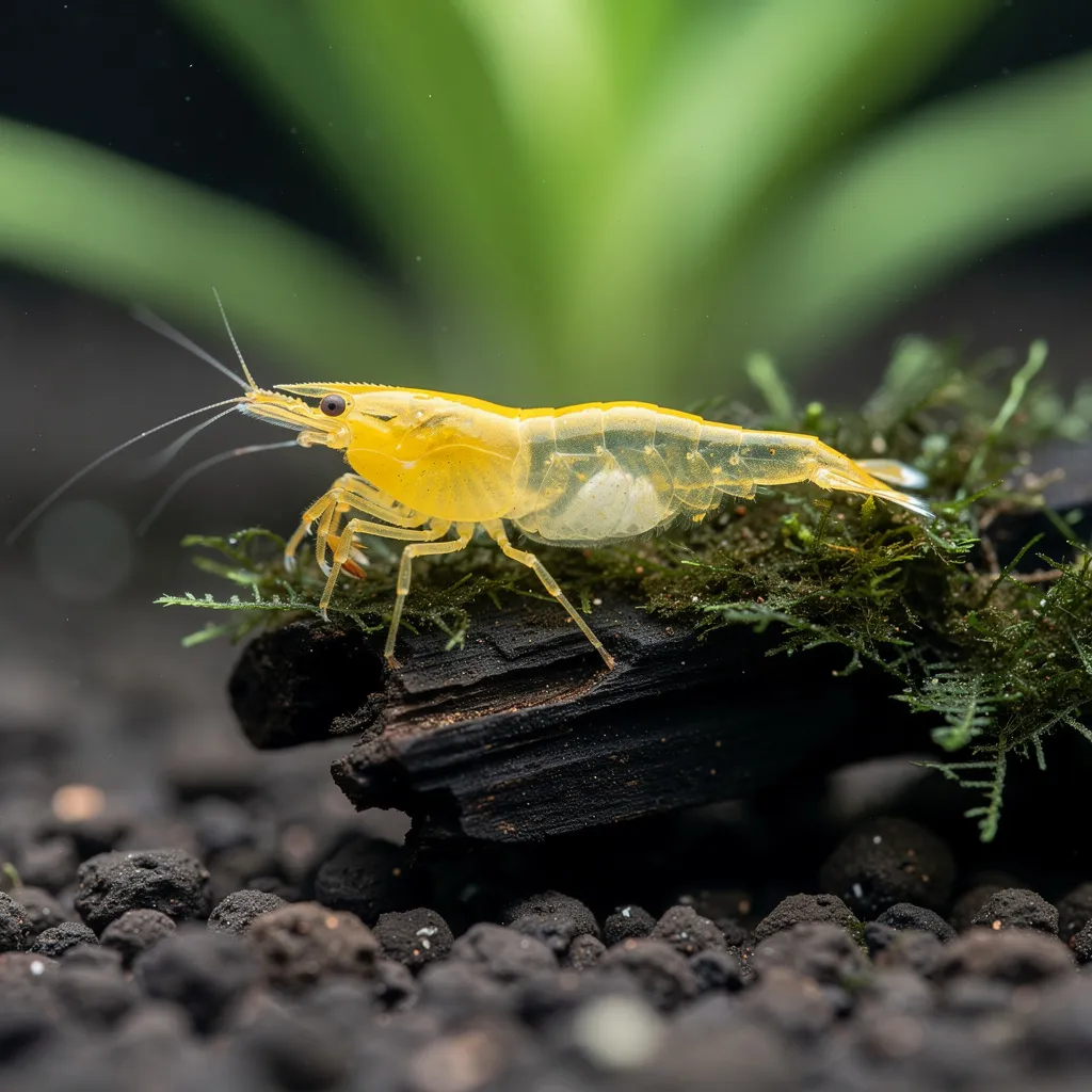 Yellow Rili Garnele mit gelbem Kopf und Schwanz und transparenter Körpermitte auf Wurzelholz