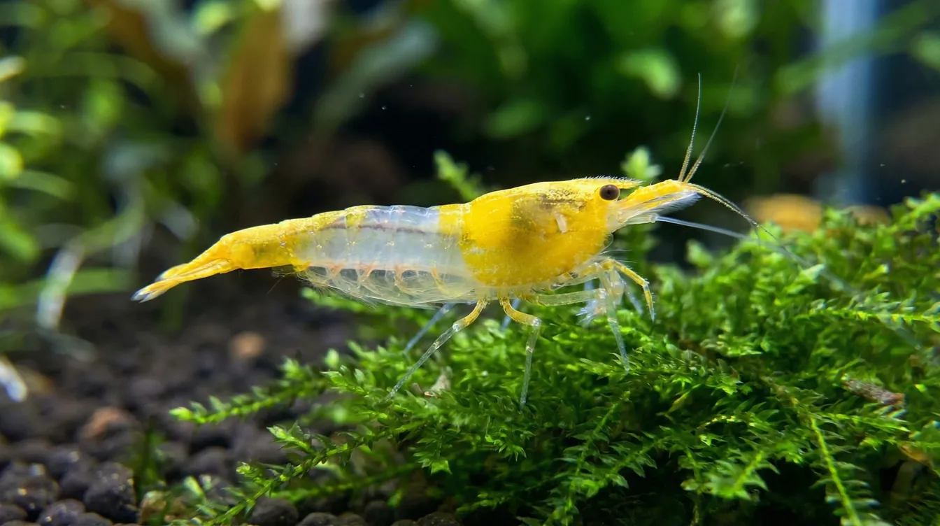 Yellow Rili Weibchen mit Eiern — scharfe Farbgrenze zwischen gelbem Kopf und transparenter Mitte
