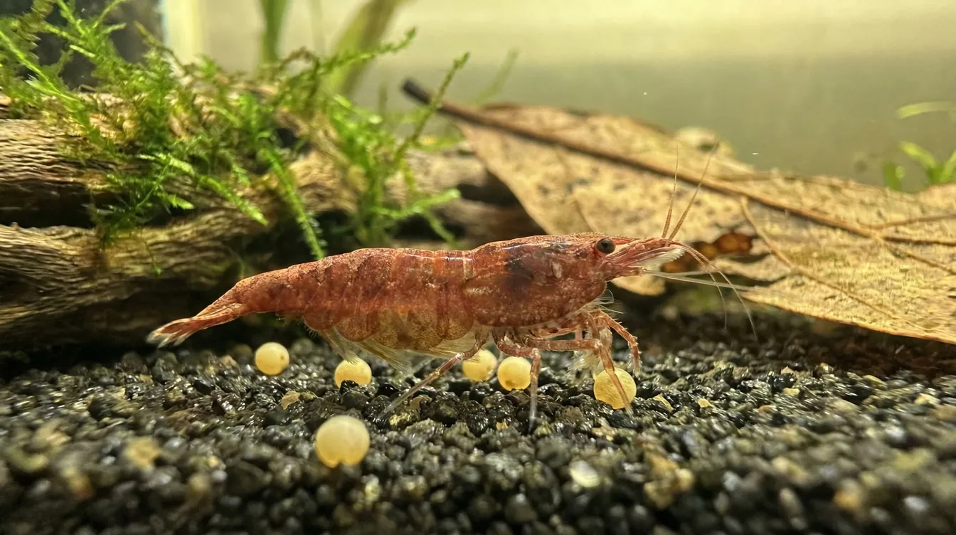 Weibliche Garnele mit abgeworfenen Eiern auf dem Bodengrund als häufiges Zuchtproblem