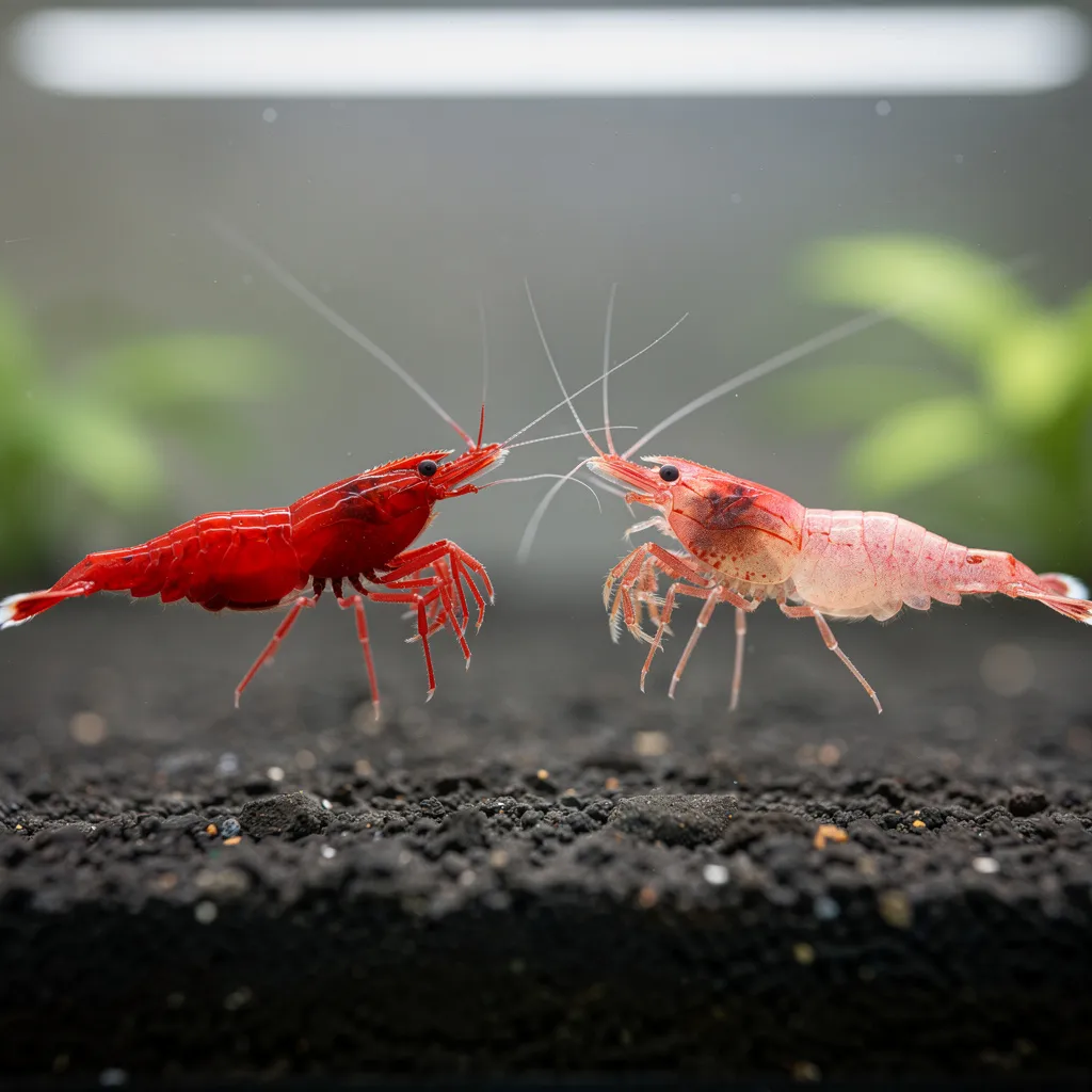 Farbverlust über Generationen: Intensiv rote Garnele neben blasser Nachkommin zeigt Selektionsproblem