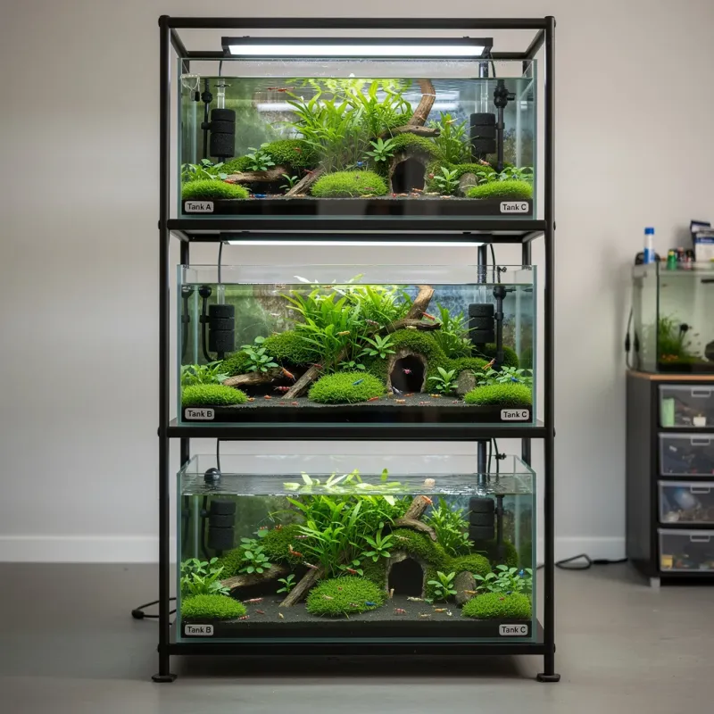 Dreistufige Regalanlage mit Nano-Aquarien für die Garnelenzucht mit Schwammfiltern und Bepflanzung