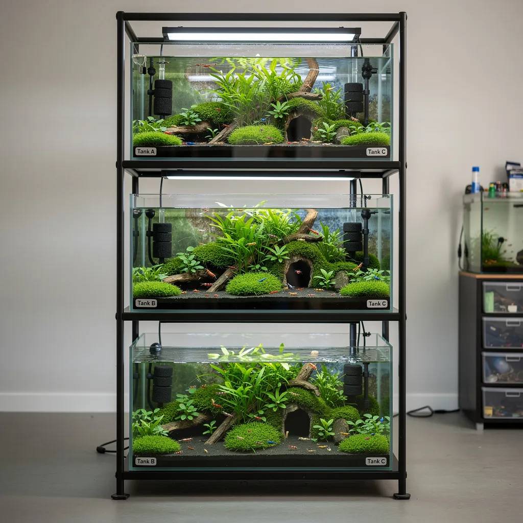 Dreistufige Regalanlage mit Nano-Aquarien für die Garnelenzucht mit Schwammfiltern und Bepflanzung