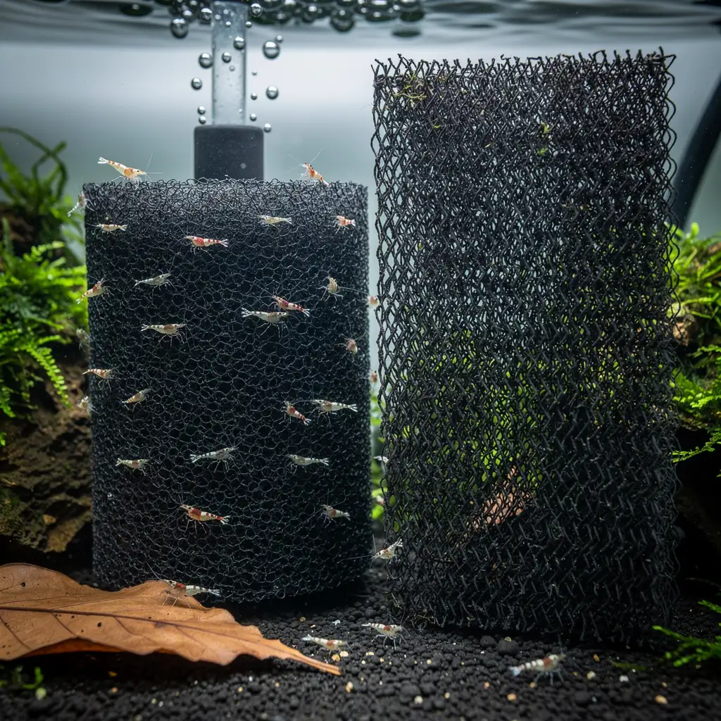 Schwammfilter und Mattenfilter im Zuchtbecken mit Babygarnelen auf der Filteroberfläche